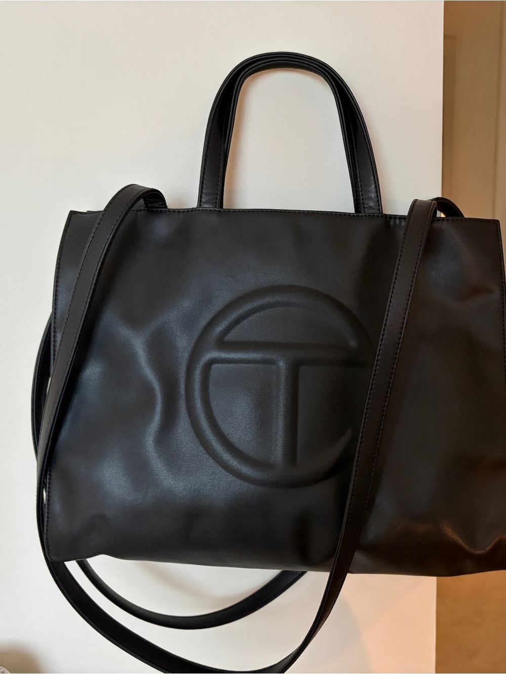Telfar Black Leather Embossed Logo Tote Bag